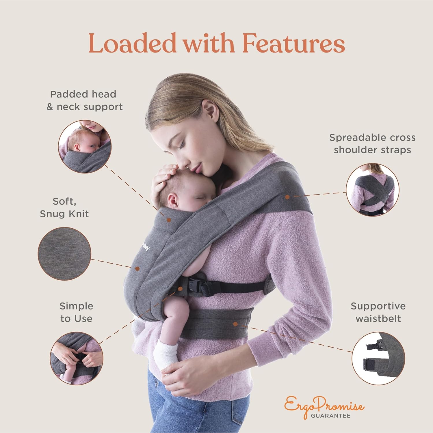 Embrace Baby Carrier Newborn to Toddler - Lightweight Ergonomic Baby Carriers - Cozy Essentials (7-25 Pounds), Ponte Knit, Cream