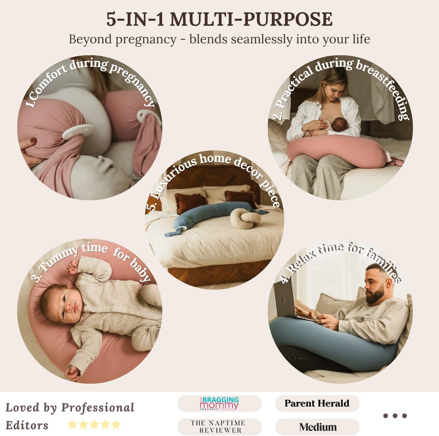 Pregnancy Pillow 5-In-1 【Cooling Cover, Adjustable to Grow with Belly】 Beanbag Style, Lockable O-Shape Nursing Pillow, 5-Point Full Body Support, Maternity Pillow with Travel Bag - Blue