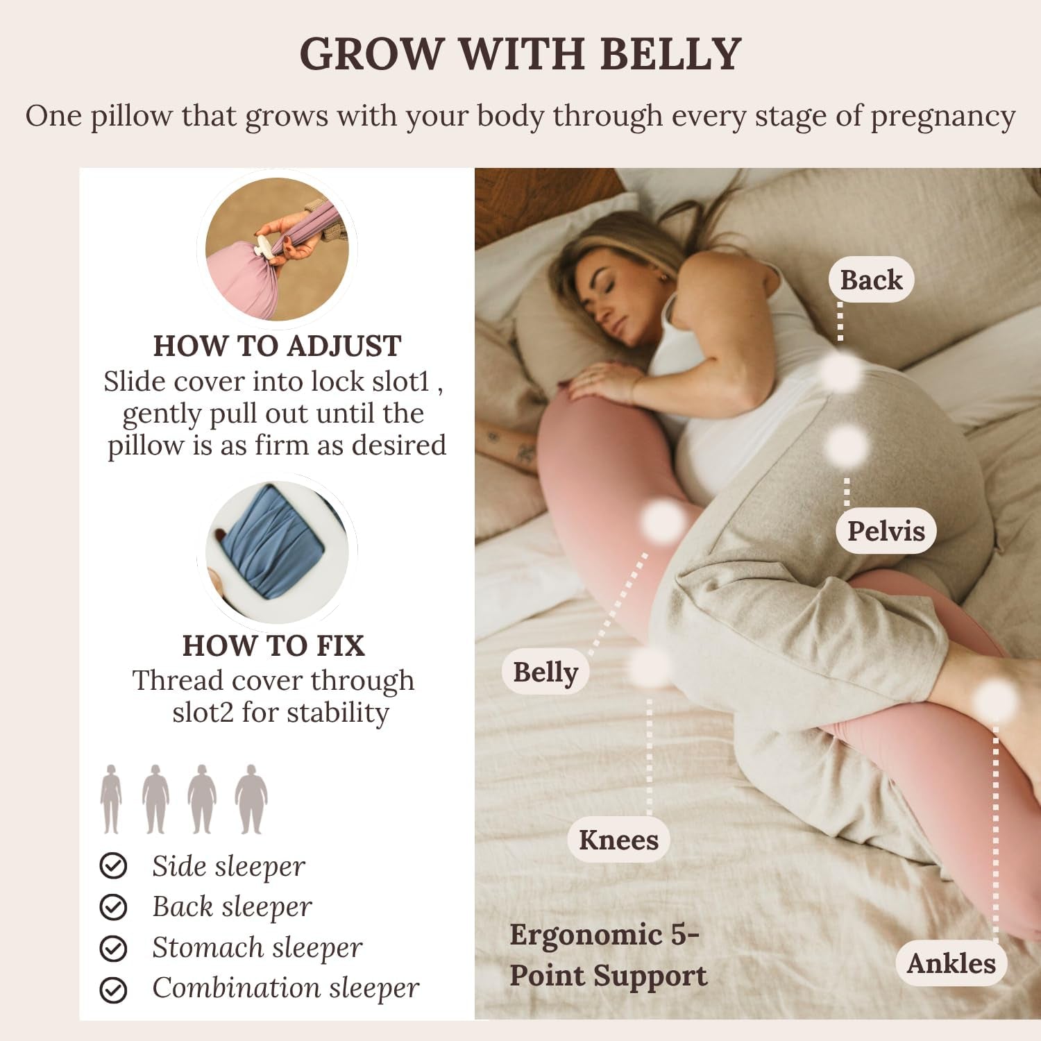 Pregnancy Pillow 5-In-1 【Cooling Cover, Adjustable to Grow with Belly】 Beanbag Style, Lockable O-Shape Nursing Pillow, 5-Point Full Body Support, Maternity Pillow with Travel Bag - Blue